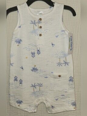 Carter's Sleeveless 100% Cotton Baby Boy Romper in Cream with Blue Print 18M NWT